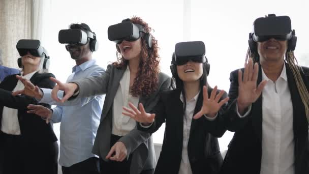 Multiracial Business People Wearing Futuristic Virtual Reality Glasses Technology Metaverse — Stock Video