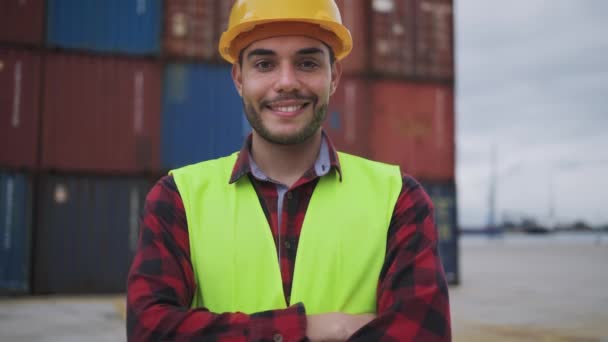 Happy Young Man Working Logistic Terminal Container Cargo — Stock Video