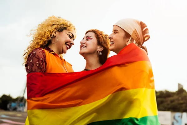 Happy Young Girls Celebrating Gay Pride Festival Lgbt Community Concept — Foto de Stock