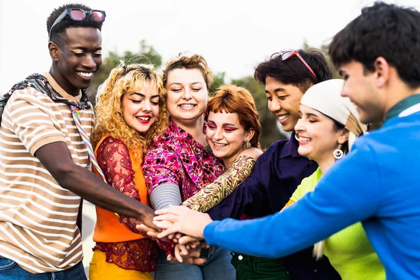 Happy Young Diverse Friends Having Fun Stacking Hands Together Outdoor — Foto de Stock