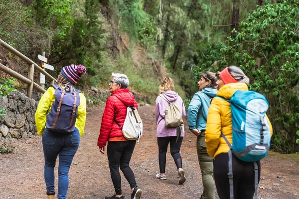 Grupp Kvinnor Olika Åldrar Och Etniciteter Som Promenerar Skogen Äventyrs — Stockfoto