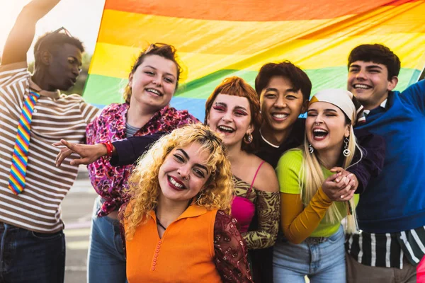 Happy Diverse Young Friends Celebrating Gay Pride Festival Lgbtq Community Stok Lukisan  