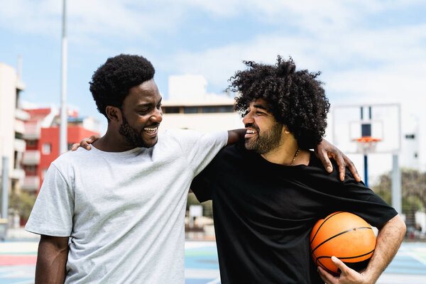 African American Friends Playing Basketball Outdoor Urban Sport Lifestyle Concept Stock Picture
