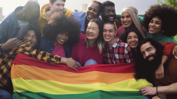 Happy Diverse Young Friends Celebrating Gay Pride Festival Lgbtq Community — Stock Video