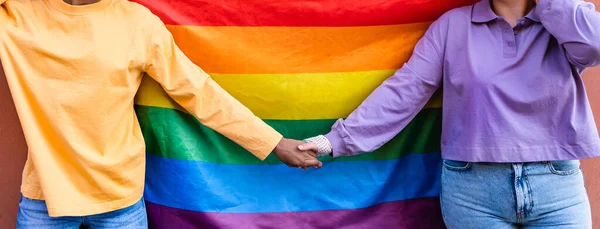 快乐的同性恋伴侣牵着手庆祝Lgbtq的骄傲游行 — 图库照片