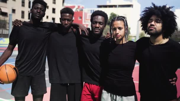 Group Multiracial People Having Fun Playing Basketball Outdoor Urban Sport — Video