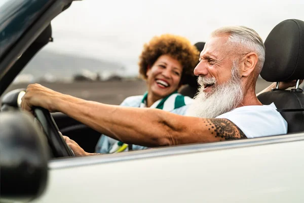 Happy Senior Couple Having Fun Driving New Convertible Car Travel — Photo