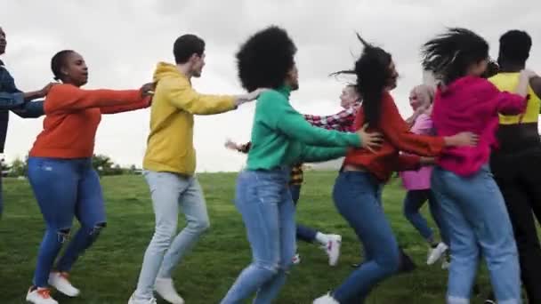 Mladí Multiraciální Přátelé Baví Tančit Spolu Parku Přátelství Rozmanitost Koncept — Stock video