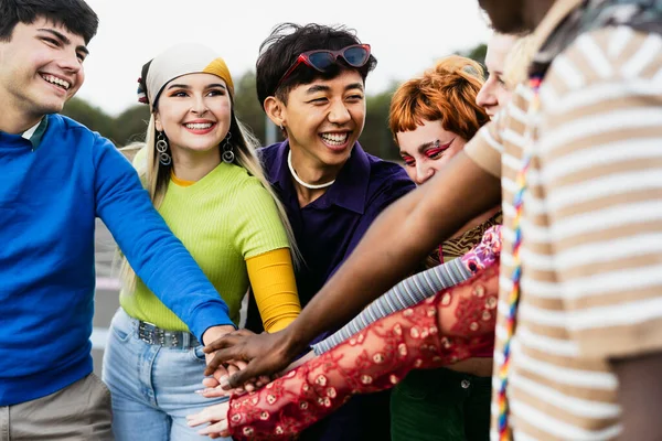 Happy Young Diverse Friends Having Fun Stacking Hands Together Outdoor — Foto de Stock