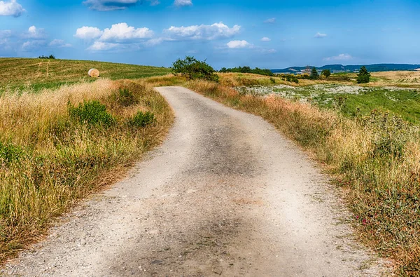 イタリアのトスカーナ州の田舎で乾燥したフィールドを横断する未舗装の道路 農業と農地の概念 — ストック写真