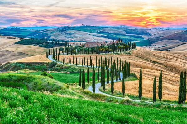 ASCIANO, ITALY - ИЮНЬ 23: Сценарий заката над одним из самых знаковых пейзажей с кипарисами в Тоскане, недалеко от города Асканио, провинция Сиена, Италия, как видно 23 июня 2019 года
