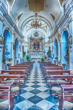 LIPARI, İtalya - 10 AĞUSTOS 2021: Saint Joseph Kilisesi, Marina Corta 'da, Lipari Adası, Sicilya, İtalya