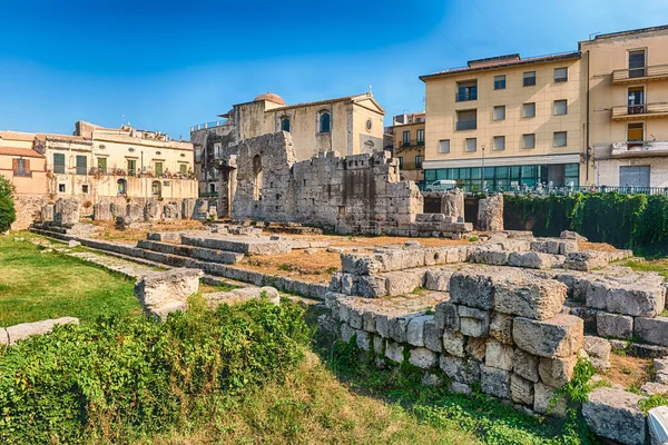 Ruinerna Apollotemplet Det Ikoniska Landmärket Ortygiaön Syrakusas Historiska Centrum Sicilien Stockbild