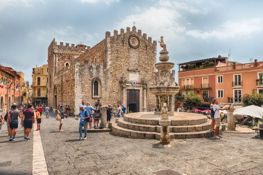 TAORMINA, ITALY - AUGUST 11, 2021: The scenic Cathedral's square, one of the main citysights in central Taormina, Sicily, Italy
