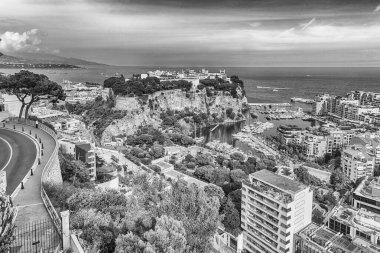 Monte Carlo 'nun panoramik manzarası, La Condamine, Monako şehri ve Fontvieille limanı, Monako Prensliği, Cote d' Azur, Fransız Rivierası