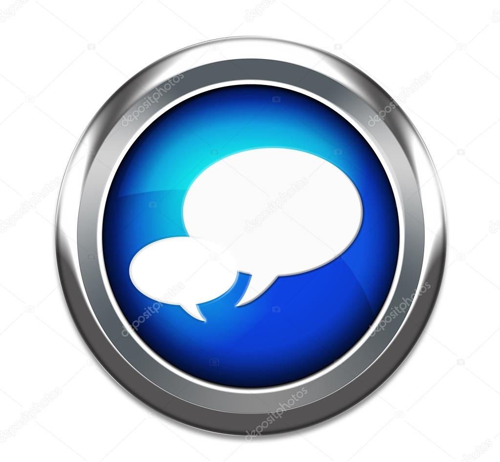 Blue talk bubble button isolated in white
