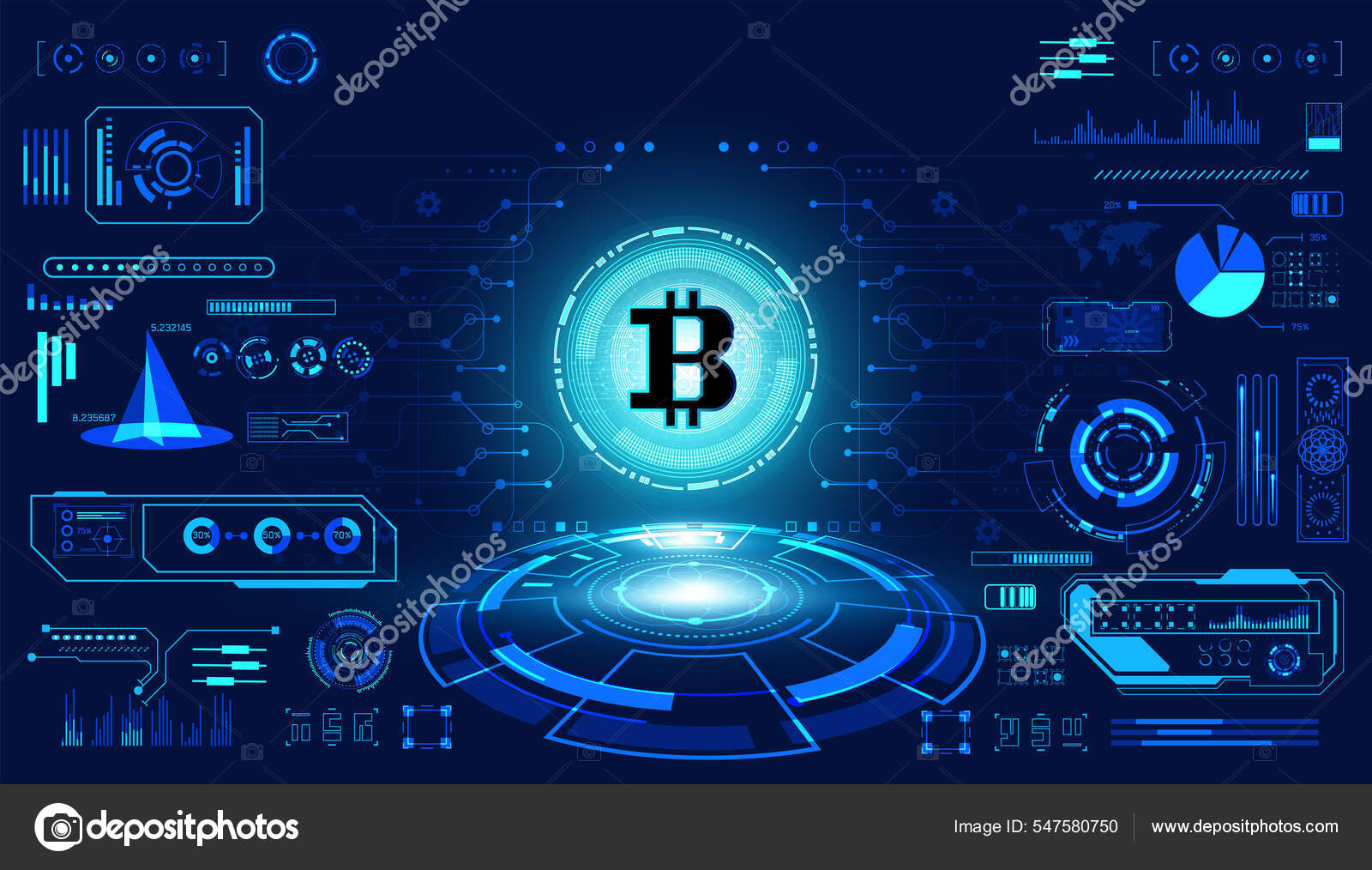 面向未来的概念比特币接口全息图数字数据表计算等要素在高科技未来设计背景下的创新图库矢量图©Texvector 547580750