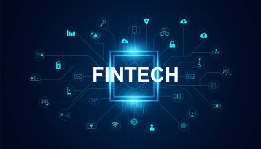 İnternetteki çeşitli çevrimiçi işlem simgelerinden oluşan çevrimiçi sistemde soyut Finansal Teknoloji