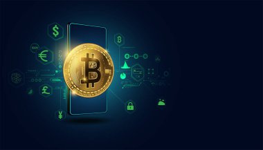 Online World By Mobile Internet 'teki soyut Dijital Bitcoin Finans, Arkaplanda Çevrimiçi Sistemlerdeki Aktarımlar dijital bir harita, internet, hisse senedi ticareti. Dünyanın her yerine bağlıydı.