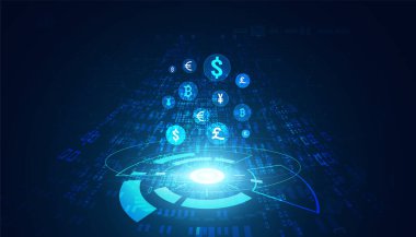 Soyut Dijital Hologram DeFi Merkezi Finans Engelleme Sistemi, Kripto Para Birimi ve Bitcoin, çevrimiçi, İnternet Aktarımı Futuristik.