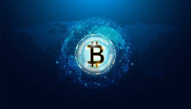 Soyut Bitcoin Kripto para birimi, gelecekteki dünyada kripto para kullanım konsepti olan Bitcoin sembolünden oluşur..