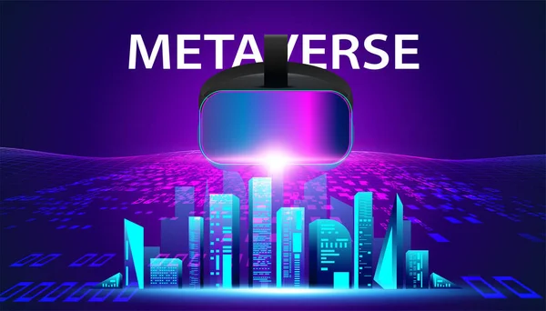 Soyut Metaverse VR gözlükleri. Sanal gerçeklik kulaklığı. Modern arkaplandaki sanal alana bağlı gelecekteki dijital teknolojinin renkleri..