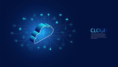 Büyük veri ve arayüz kavramına sahip soyut bulut teknolojisi. Bulutta veri toplayarak yüksek teknoloji arka planında büyük veri depolama sistemleri ile bağlantı kuruyor..