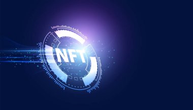 Soyut NTF Dijital Görüntü Kavramsal Dijital Çember Yenilenemez Token Sistemdeki tek orijinal sanat. Modern bir arka planda mavi ve mor Fütürist Dijital