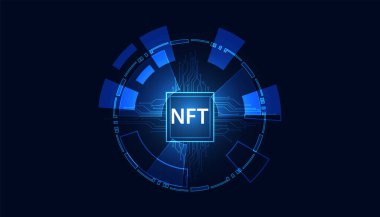 Soyut NTF Dijital Görüntü Kavramsal Dijital Çember Yenilenemez Token Sistemdeki tek orijinal sanat. Modern bir arka planda mavi ve mor Fütürist Dijital