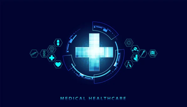 Abstract Gezondheidszorg Wetenschap Bestaat Uit Gezondheid Cirkel Pictogrammen Digitale Technologie — Stockvector