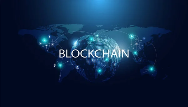 Abstrakcyjna Technologia Blockchain Kryptowaluta Fintech World Map Połączenia Operacji Krypto — Wektor stockowy