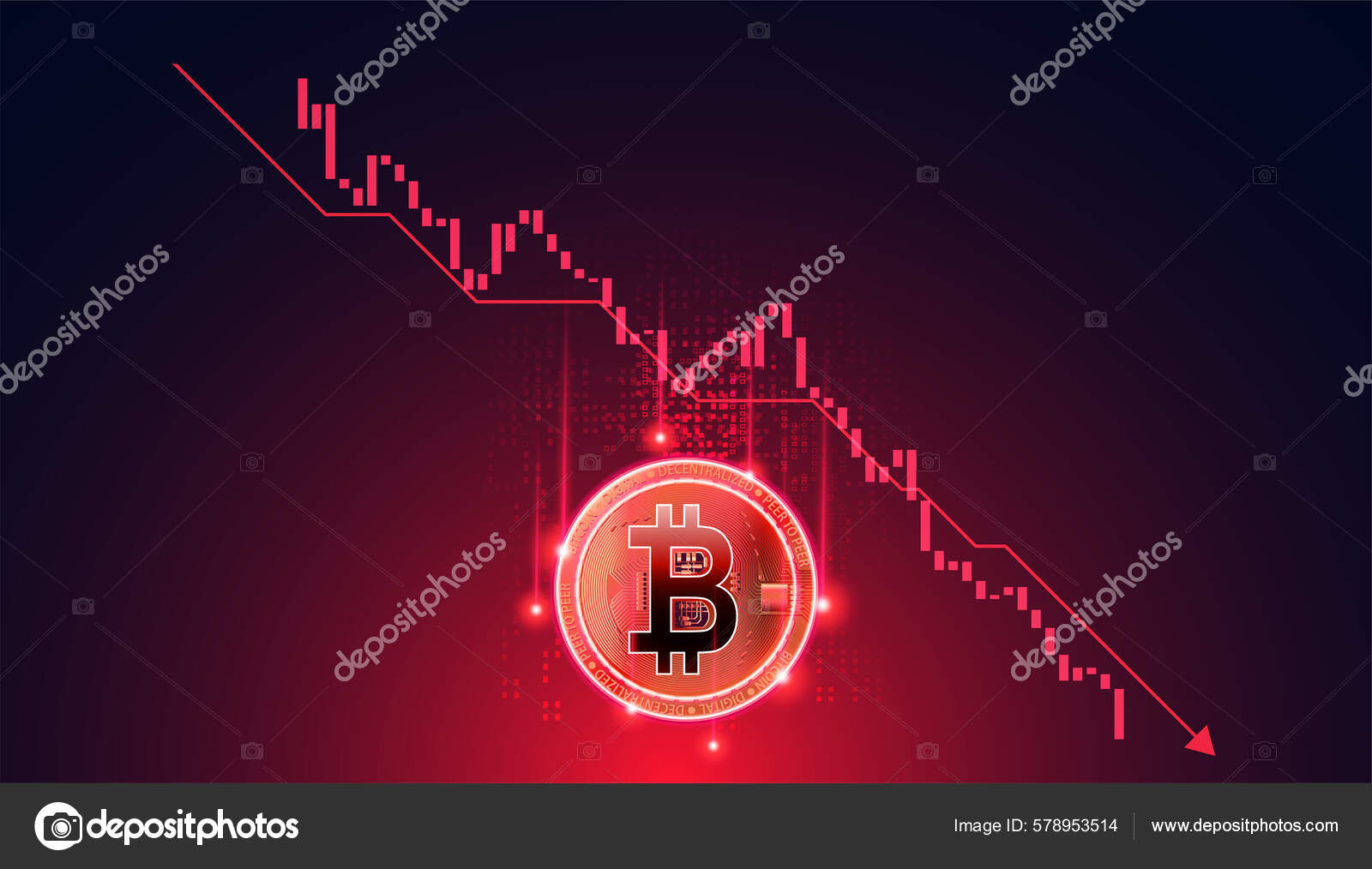 비트코인은 디센트 Decentralized Finance 이라는 하향세를 보이고 있습니다 스톡 벡터 - ©Texvector  578953514