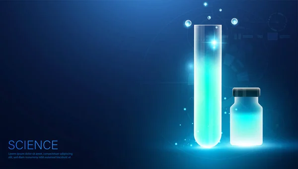 科学玻璃瓶实验科学概念实验新事物化学溶液在高科技蓝光背景下的变化 — 图库矢量图片