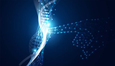 soyut teknoloji bilim konsepti parmak işareti DNA genleri genetik düzenleme modern teknoloji ile harmanlanmış yüksek teknoloji mavi arka plan