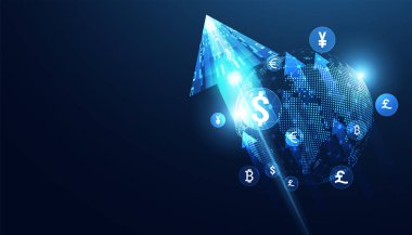 Abstract Money Transfer Online Currency On Background Modern Blue Concept Arrow Global Money Movement Currency Exchange Dollar Euro Yen