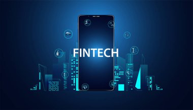 Finansal sektörde kullanılan soyut FinTech Finans Teknolojisi modern mavi arka plan konsept telefonu ve akıllı şehir ve ikonlar fintech işi, fütüristik.