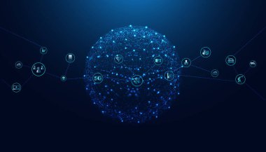 Şeylerin soyut İnternet kavramı Şeylerin IoT İnternet İletişim ağı Yenilik Teknolojisi Kavram Simgesi. Kablosuz aygıtları ve ağ geliştirme teknolojisini bağla.