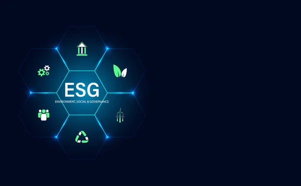 Modern mavi arka planda sürdürülebilir kurumsal kalkınma Çevre, Sosyal ve Yönetim simgeleri ve altıgen kavramına sahip soyut ESG
