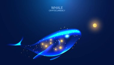 Soyut Balina Kavramı Kripto Para Birimi Bitcoin Kapitalist Para Satın Alma Büyük satın alma ve mavi arka planda kripto para birimleri bulundurmak
