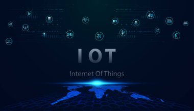 Nesnelerin soyut interneti kavramsal şehir 5GIoT Nesneler İnternet iletişim ağı Yenilik Teknolojisi Kavram Simgesi ve harita. Kablosuz aygıtları ve ağ geliştirme teknolojisini bağla.