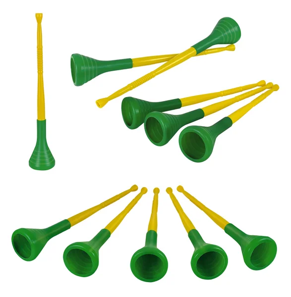 Sammlung brasilianischer Vuvuzelas, traditioneller Plastiktrompeten lizenzfreie Stockbilder
