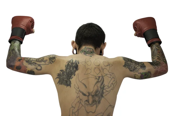 Parte posterior del joven tatuador en boxeador — Foto de Stock