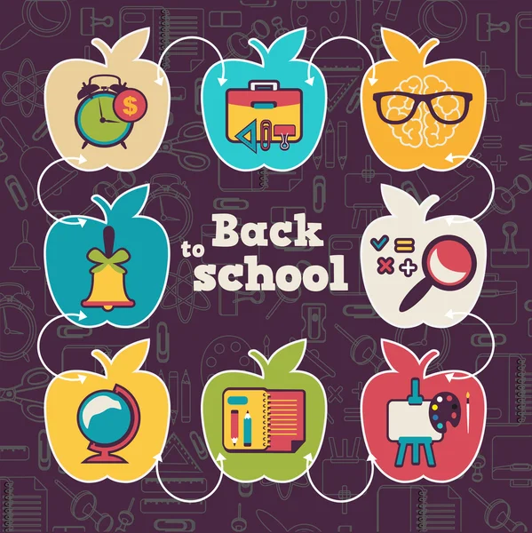 Conjunto de iconos escolares con forma de manzana — Vector de stock