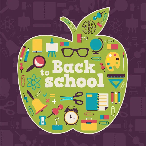 Powrót do szkoły - tło z jabłkiem i ikony — Wektor stockowy