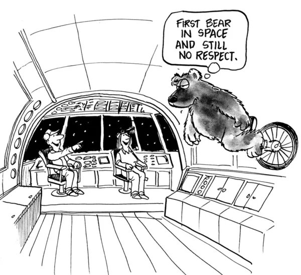 Urso no módulo espacial flutua em monociclo — Fotografia de Stock