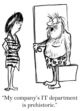 Caveman is concerned about a backward company clipart