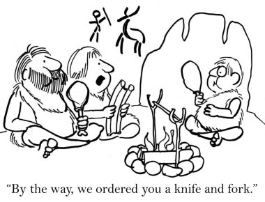 Cave boy must use knife and fork clipart