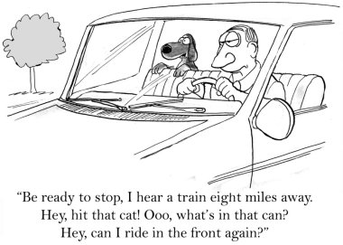 karikatür çizimi. köpek arka koltukta