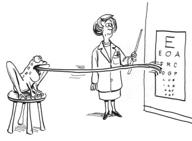 karikatür çizimi. Kurbağa göz testi alır.