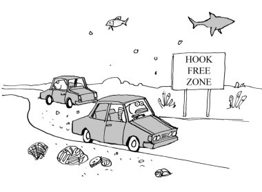 karikatür çizimi. Arabayı kullanan balık. kanca serbest bölge.